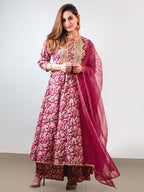 Janasya Pink Cotton Foil Floral Printed Set