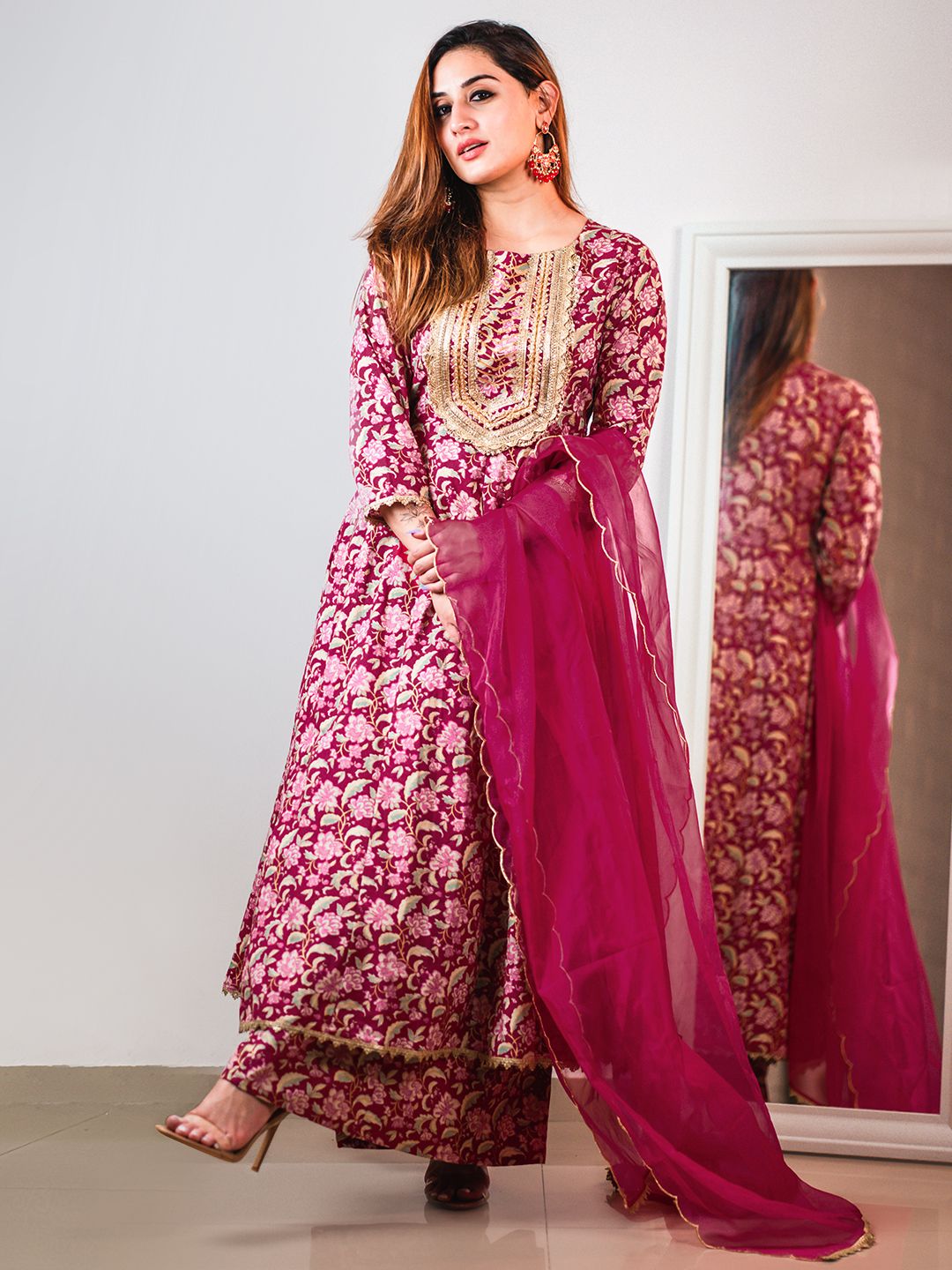 Janasya Pink Cotton Foil Floral Printed Set