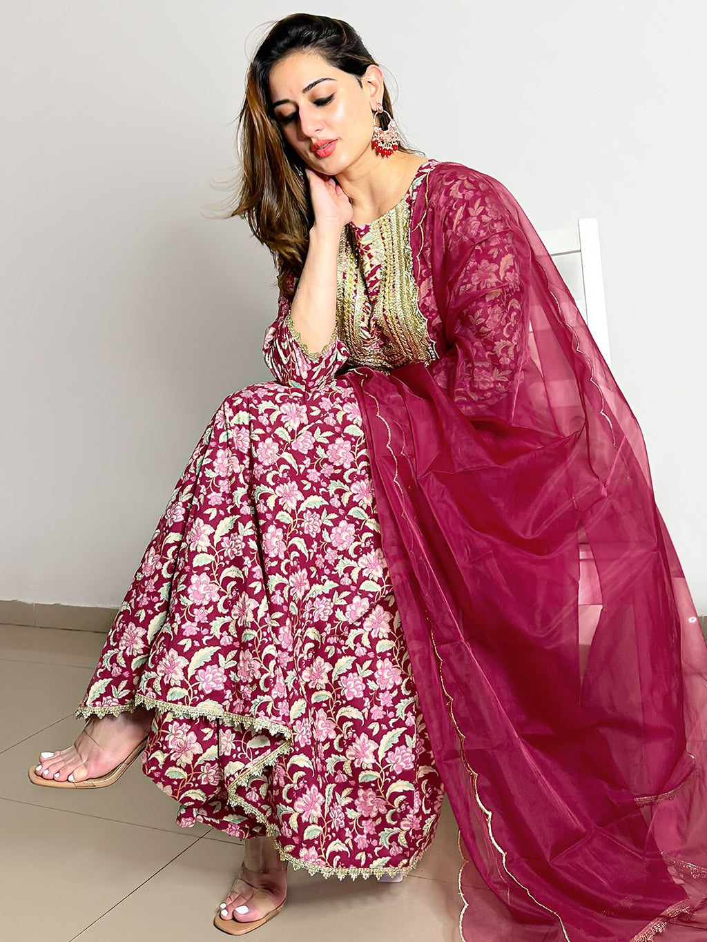Janasya Pink Cotton Foil Floral Printed Set