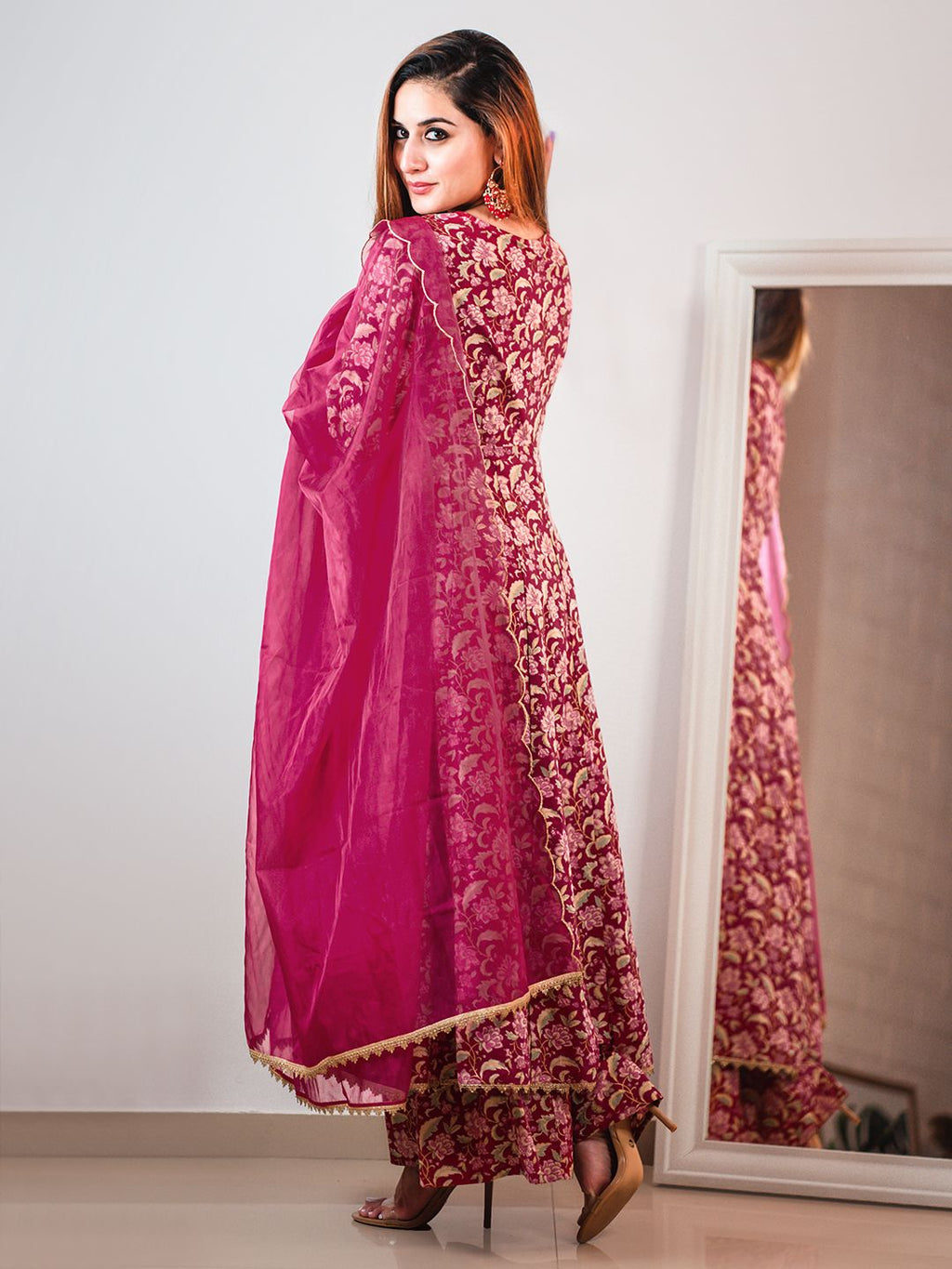 Janasya Pink Cotton Foil Floral Printed Set