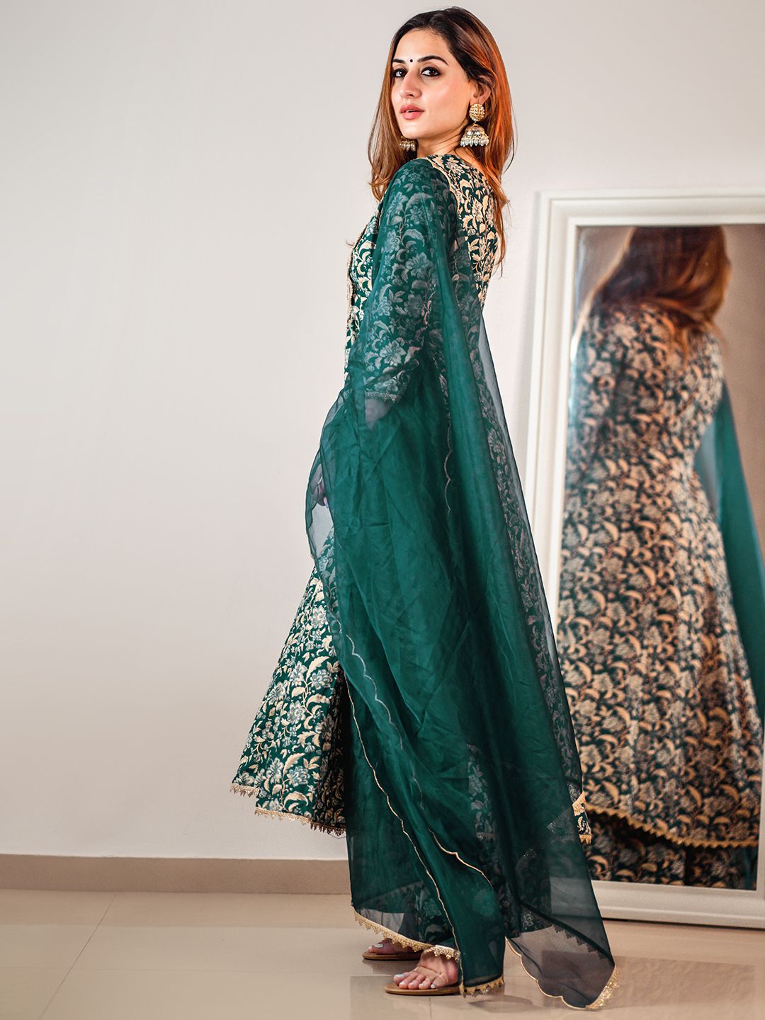 Janasya Teal Cotton Foil Floral Printed Set