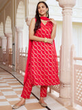 Janasya Women's Red Brocade Woven Design Festive Straight Kurta Set - Distacart