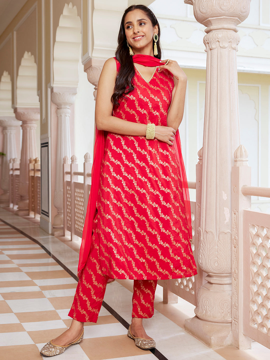 Janasya Women's Red Brocade Woven Design Festive Straight Kurta Set - Distacart