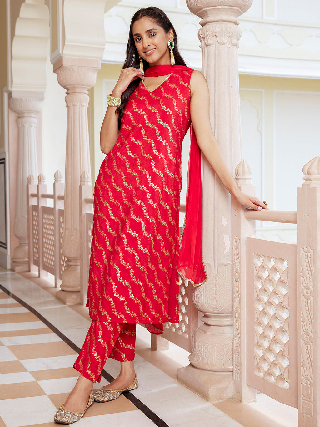 Janasya Women's Red Brocade Woven Design Festive Straight Kurta Set - Distacart