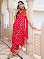 Janasya Women's Red Brocade Woven Design Festive Straight Kurta Set - Distacart
