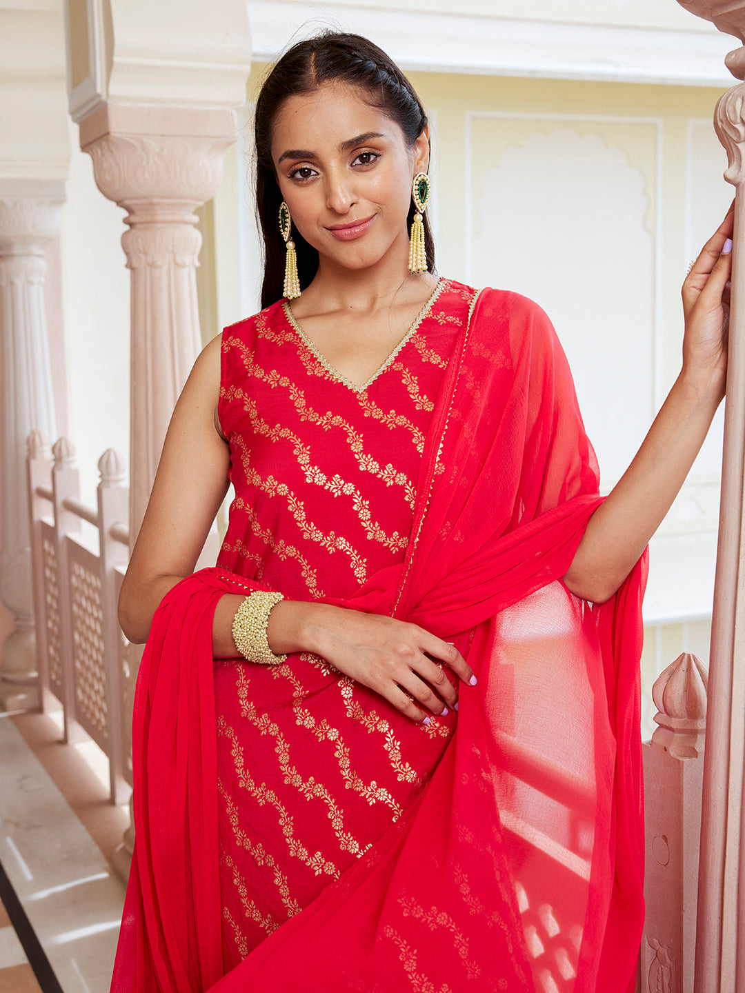 Janasya Women's Red Brocade Woven Design Festive Straight Kurta Set - Distacart