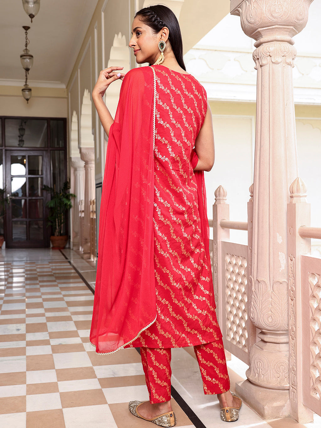 Janasya Women's Red Brocade Woven Design Festive Straight Kurta Set - Distacart