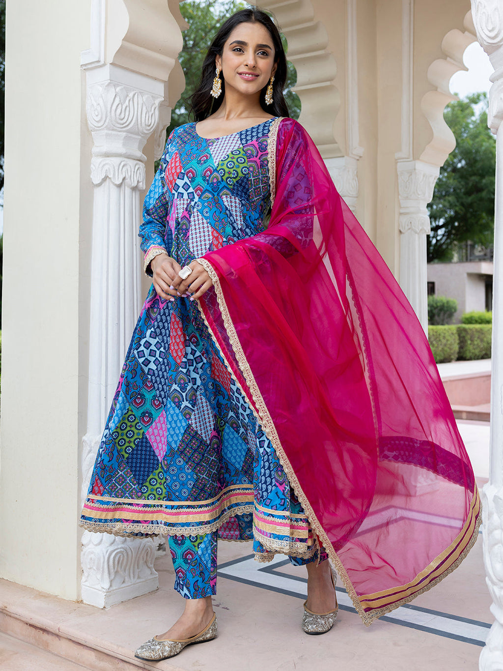 Janasya Women's Blue Cotton Ethnic Printed Festive Anarkali Kurta Set