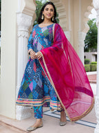 Janasya Women's Blue Cotton Ethnic Printed Festive Anarkali Kurta Set