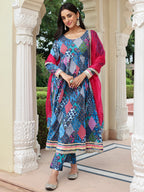 Janasya Women's Blue Cotton Ethnic Printed Festive Anarkali Kurta Set