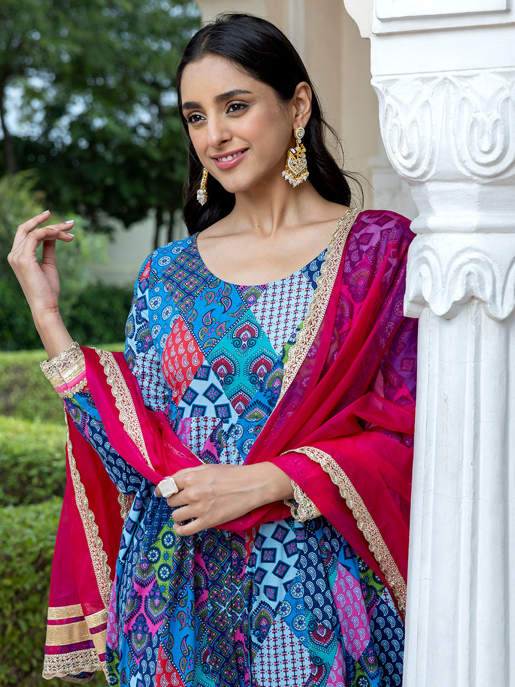 Janasya Women's Blue Cotton Ethnic Printed Festive Anarkali Kurta Set
