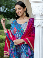 Janasya Women's Blue Cotton Ethnic Printed Festive Anarkali Kurta Set