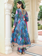 Janasya Women's Blue Cotton Ethnic Printed Festive Anarkali Kurta Set