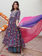 Janasya Women's Purple Cotton Embellished Ethnic Printed Festive A-line Kurta Set