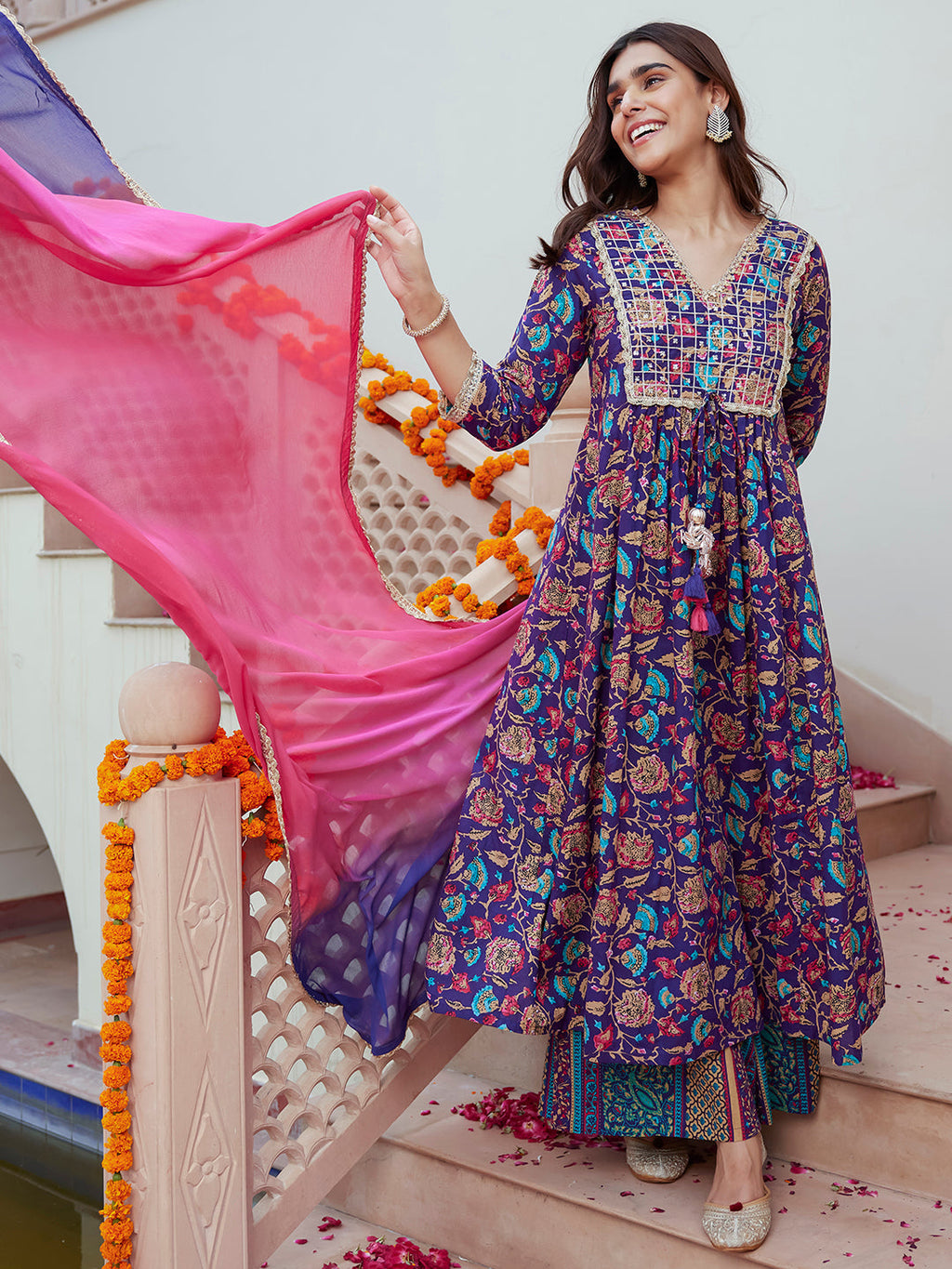 Janasya Women's Purple Cotton Embellished Ethnic Printed Festive A-line Kurta Set