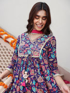 Janasya Women's Purple Cotton Embellished Ethnic Printed Festive A-line Kurta Set