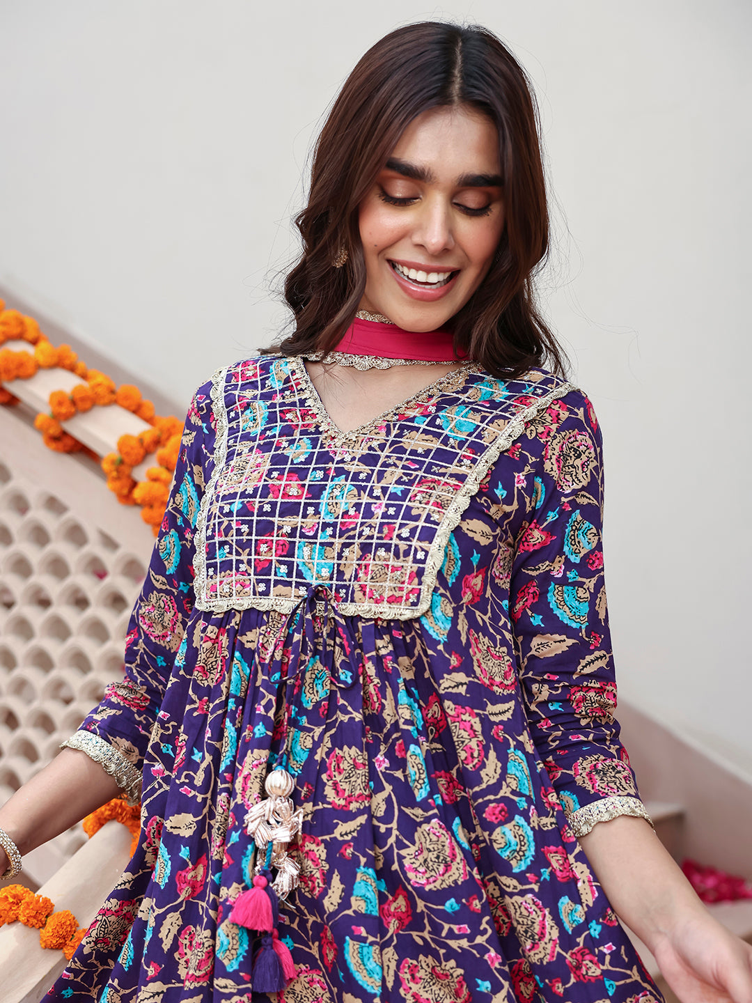 Janasya Women's Purple Cotton Embellished Ethnic Printed Festive A-line Kurta Set