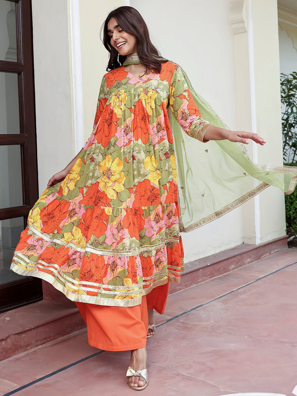 Janasya Women's Multicolor Cotton Floral Printed Festive Flared Kurta Set