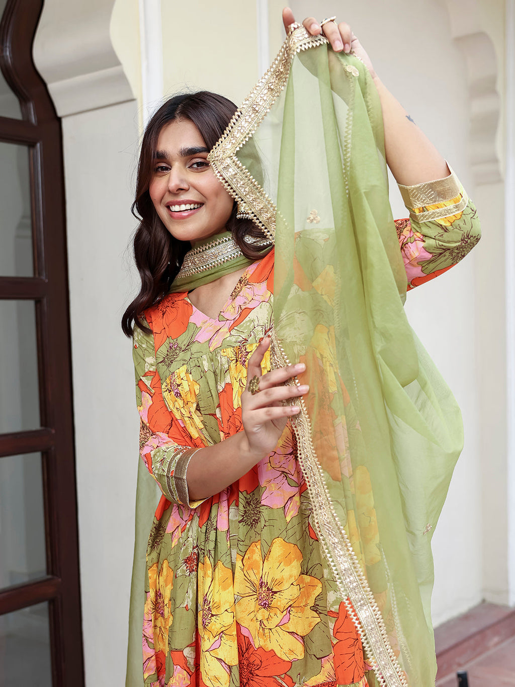 Janasya Women's Multicolor Cotton Floral Printed Festive Flared Kurta Set