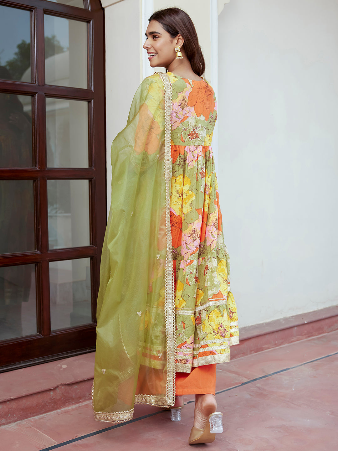 Janasya Women's Multicolor Cotton Floral Printed Festive Flared Kurta Set