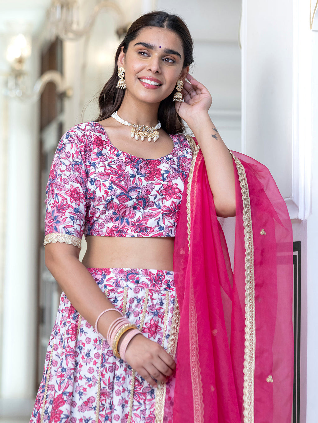 Janasya White Cotton Embellished Festive Lehenga Choli