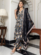 Janasya Women's Black Cotton Embellished Festive Empire Kurta Set