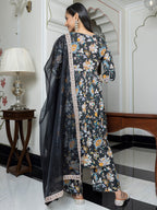 Janasya Women's Black Cotton Embellished Festive Empire Kurta Set