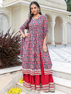 Janasya Women's Blue Cotton Floral Printed Festive Front Slit Kurta Set