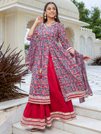 Janasya Women's Blue Cotton Floral Printed Festive Front Slit Kurta Set