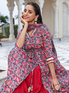 Janasya Women's Blue Cotton Floral Printed Festive Front Slit Kurta Set
