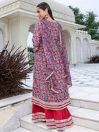Janasya Women's Blue Cotton Floral Printed Festive Front Slit Kurta Set