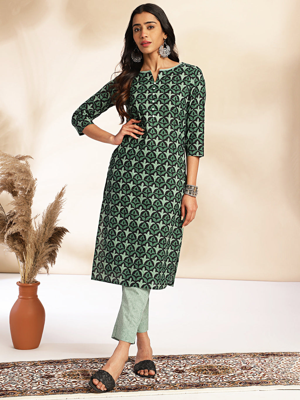 Janasya Green Cotton Printed Sets