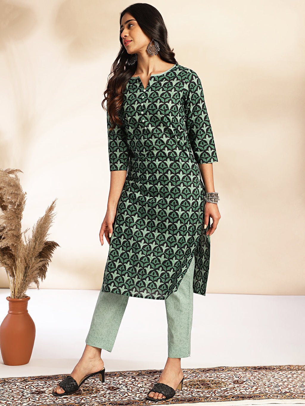 Janasya Green Cotton Printed Sets