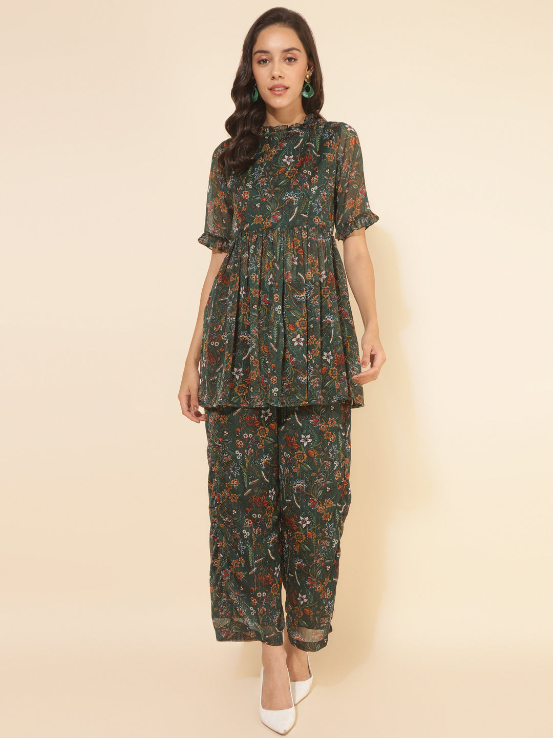 Janasya Green Chiffon Lurex Floral Printed Co-ords