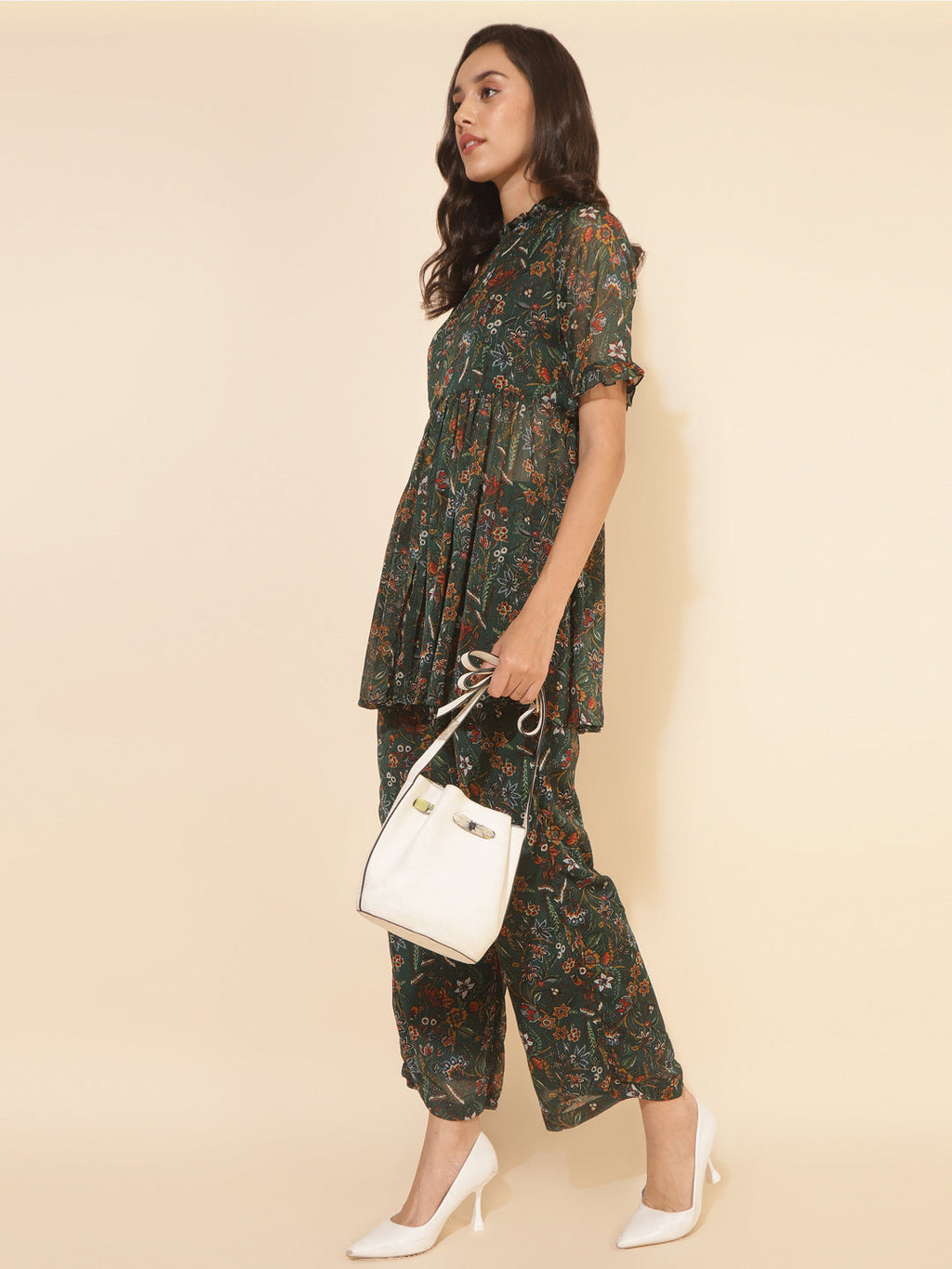 Janasya Green Chiffon Lurex Floral Printed Co-ords