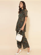 Janasya Green Chiffon Lurex Floral Printed Co-ords