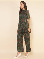 Janasya Green Chiffon Lurex Floral Printed Co-ords