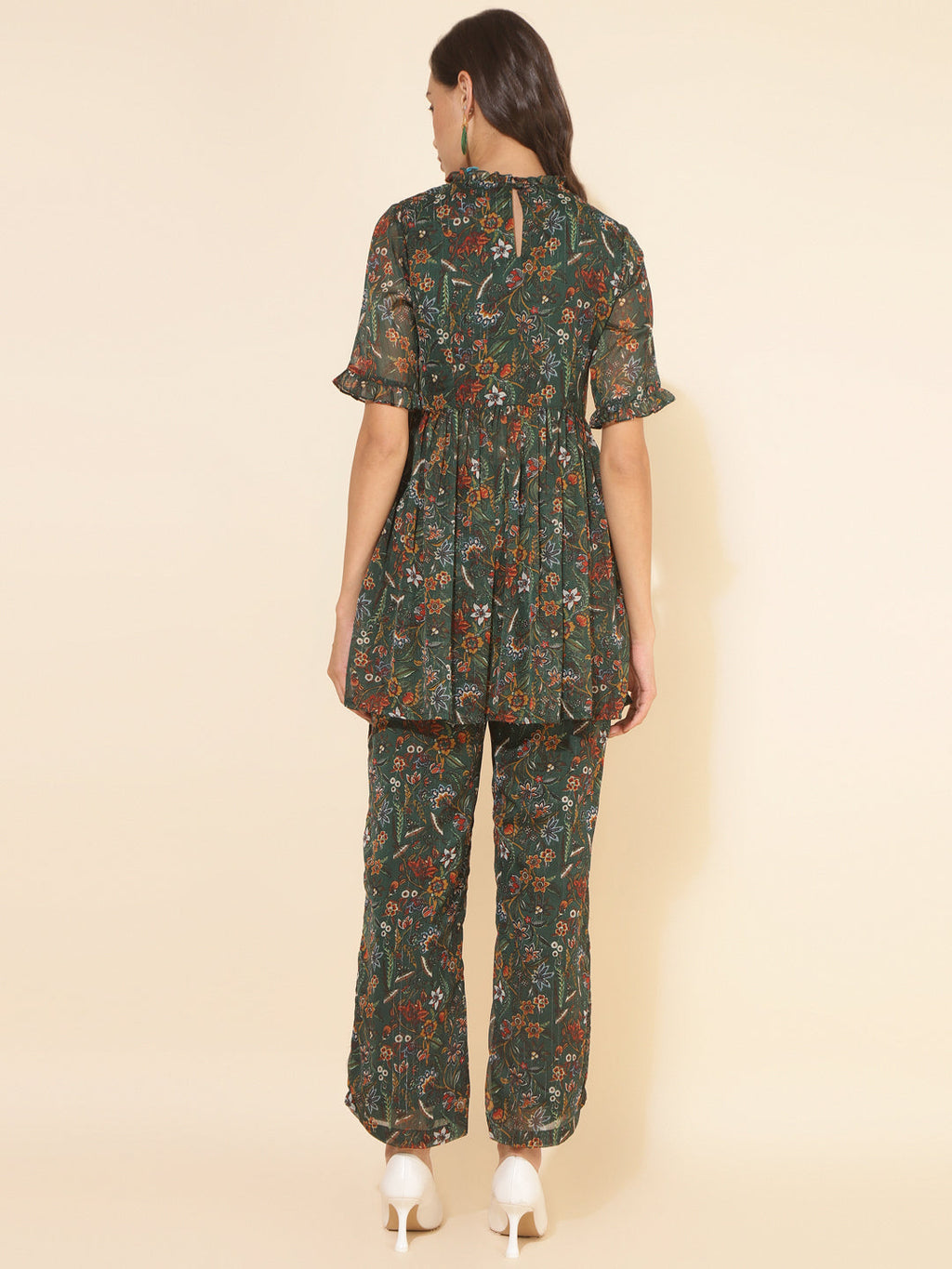 Janasya Green Chiffon Lurex Floral Printed Co-ords