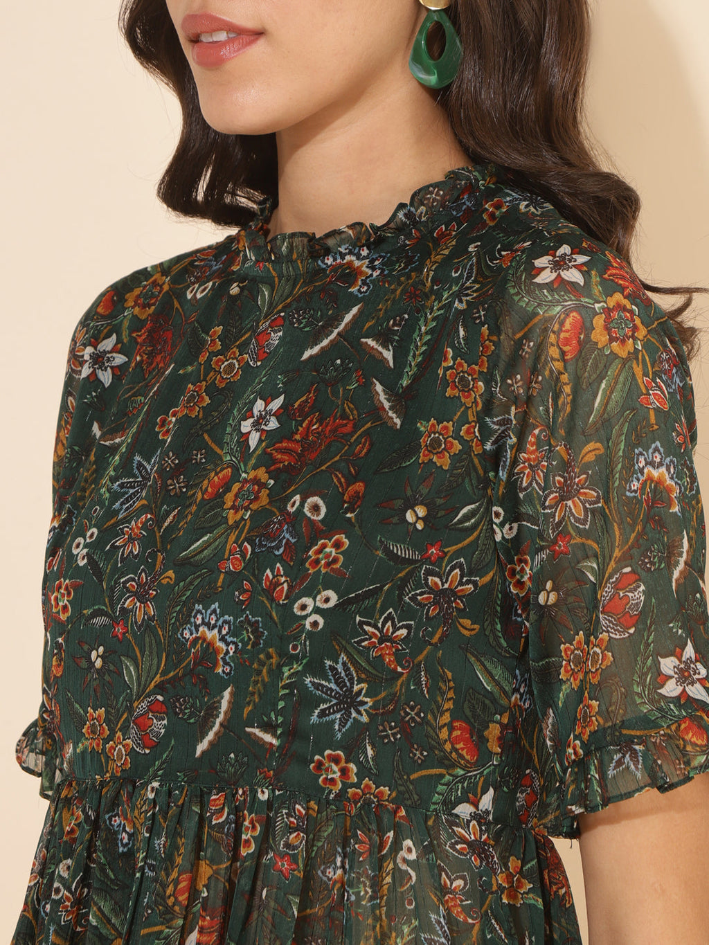 Janasya Green Chiffon Lurex Floral Printed Co-ords
