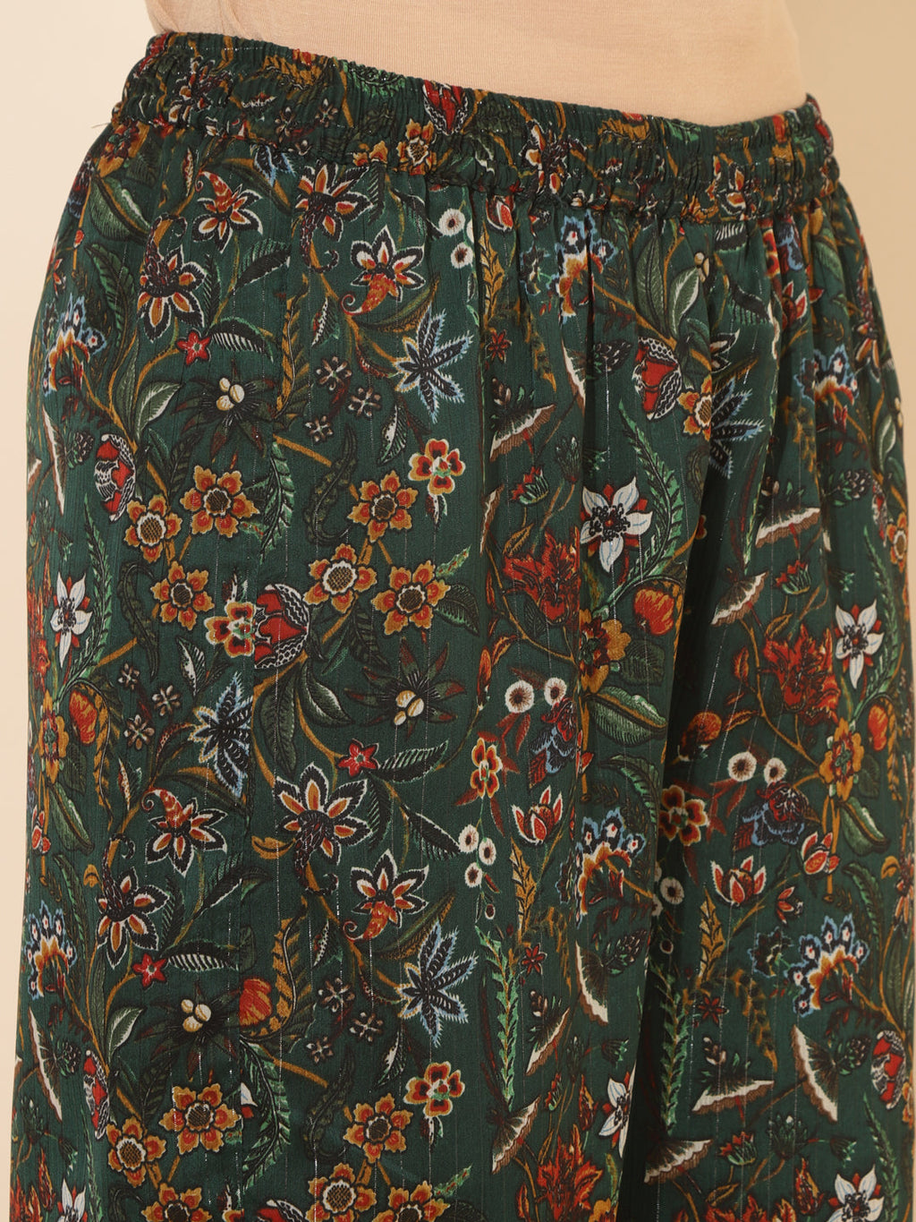 Janasya Green Chiffon Lurex Floral Printed Co-ords