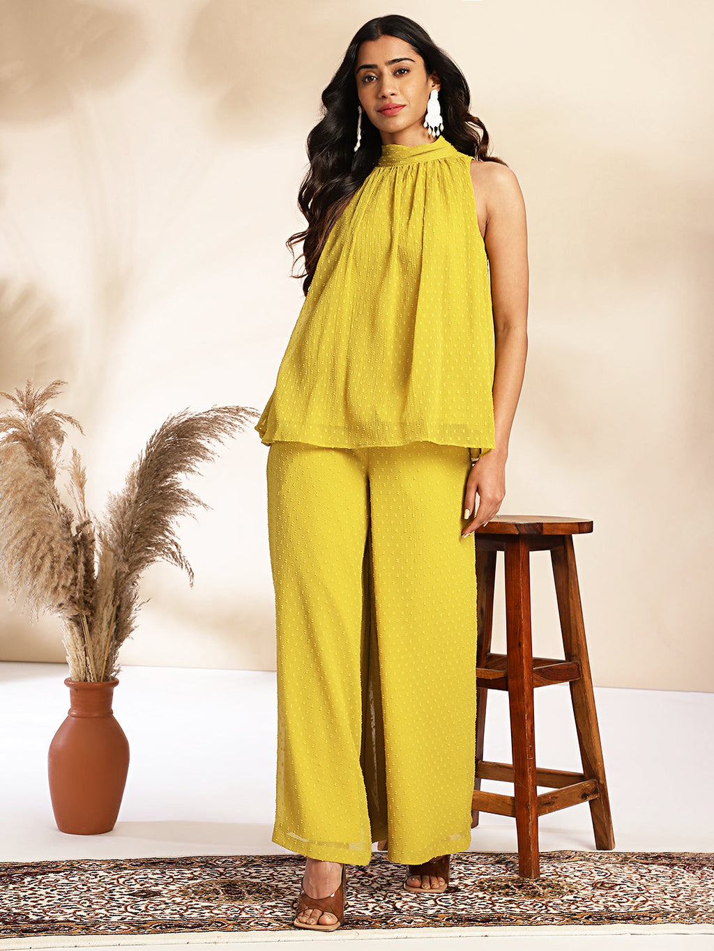 Janasya Yellow Dobby Chiffon Solid Sets