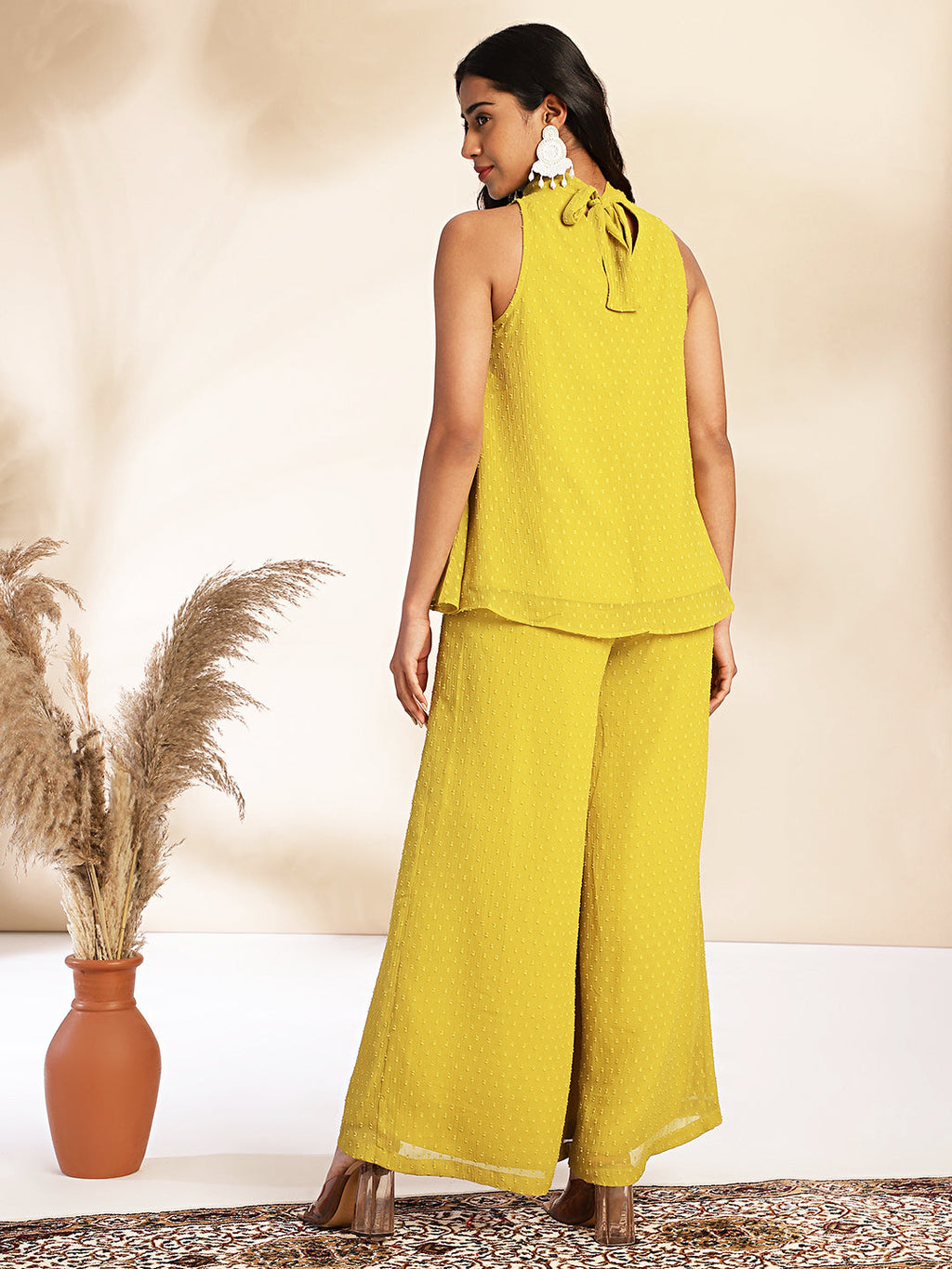Janasya Yellow Dobby Chiffon Solid Sets