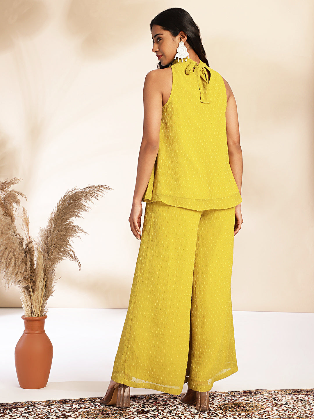 Janasya Yellow Dobby Chiffon Solid Sets