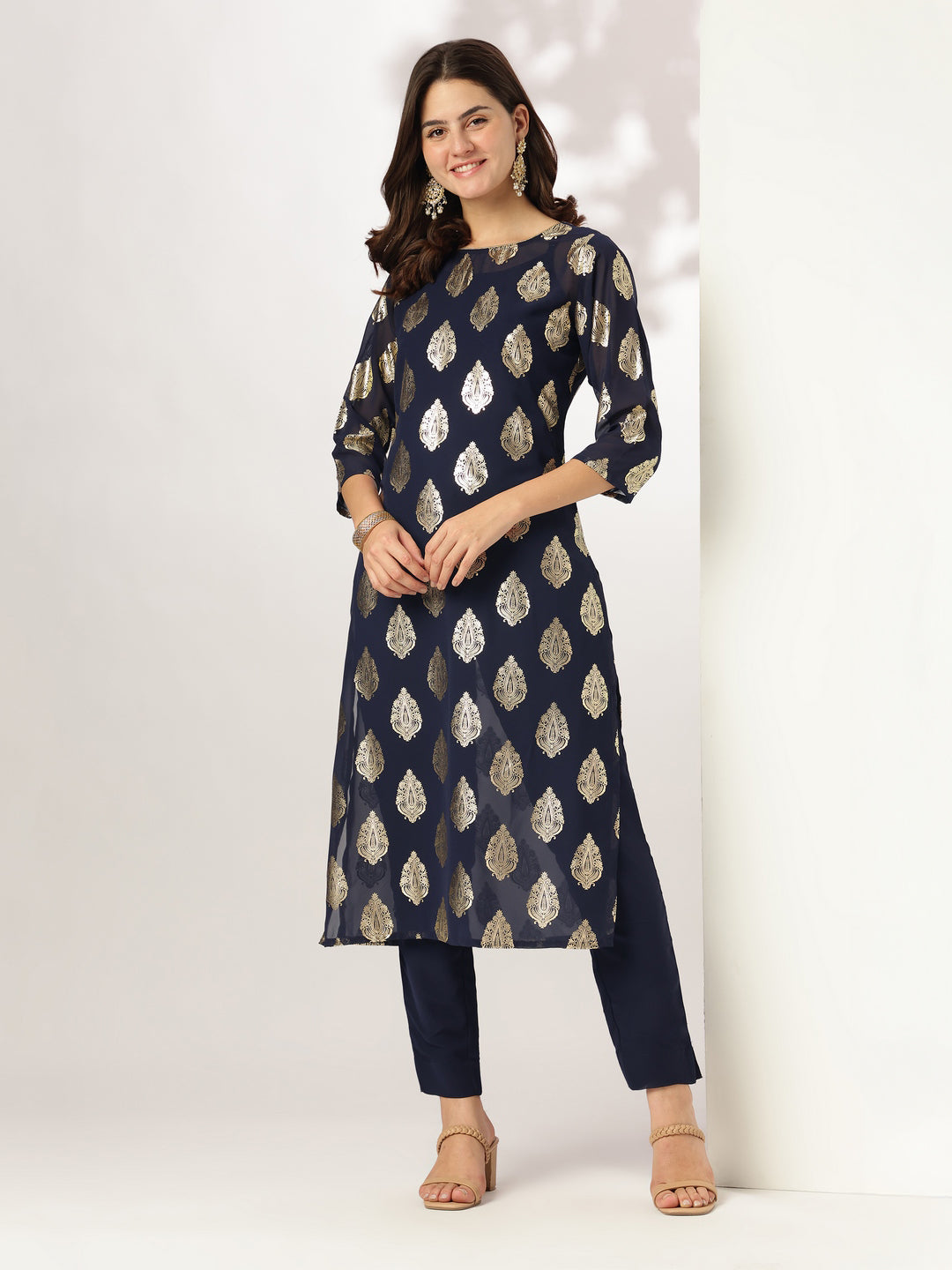 Janasya Dark Georgette Foil Print Straight Kurta Set - Distacart