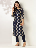 Janasya Dark Georgette Foil Print Straight Kurta Set - Distacart