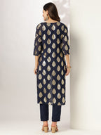 Janasya Dark Georgette Foil Print Straight Kurta Set - Distacart