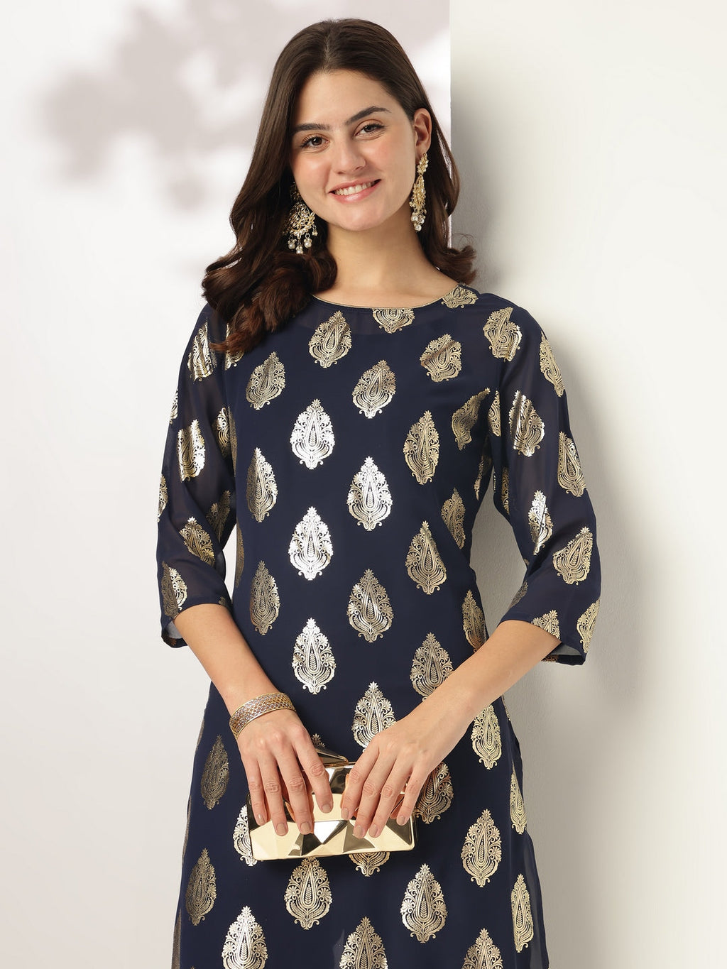 Janasya Dark Georgette Foil Print Straight Kurta Set - Distacart