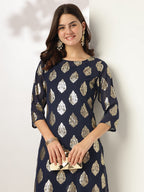 Janasya Dark Georgette Foil Print Straight Kurta Set - Distacart