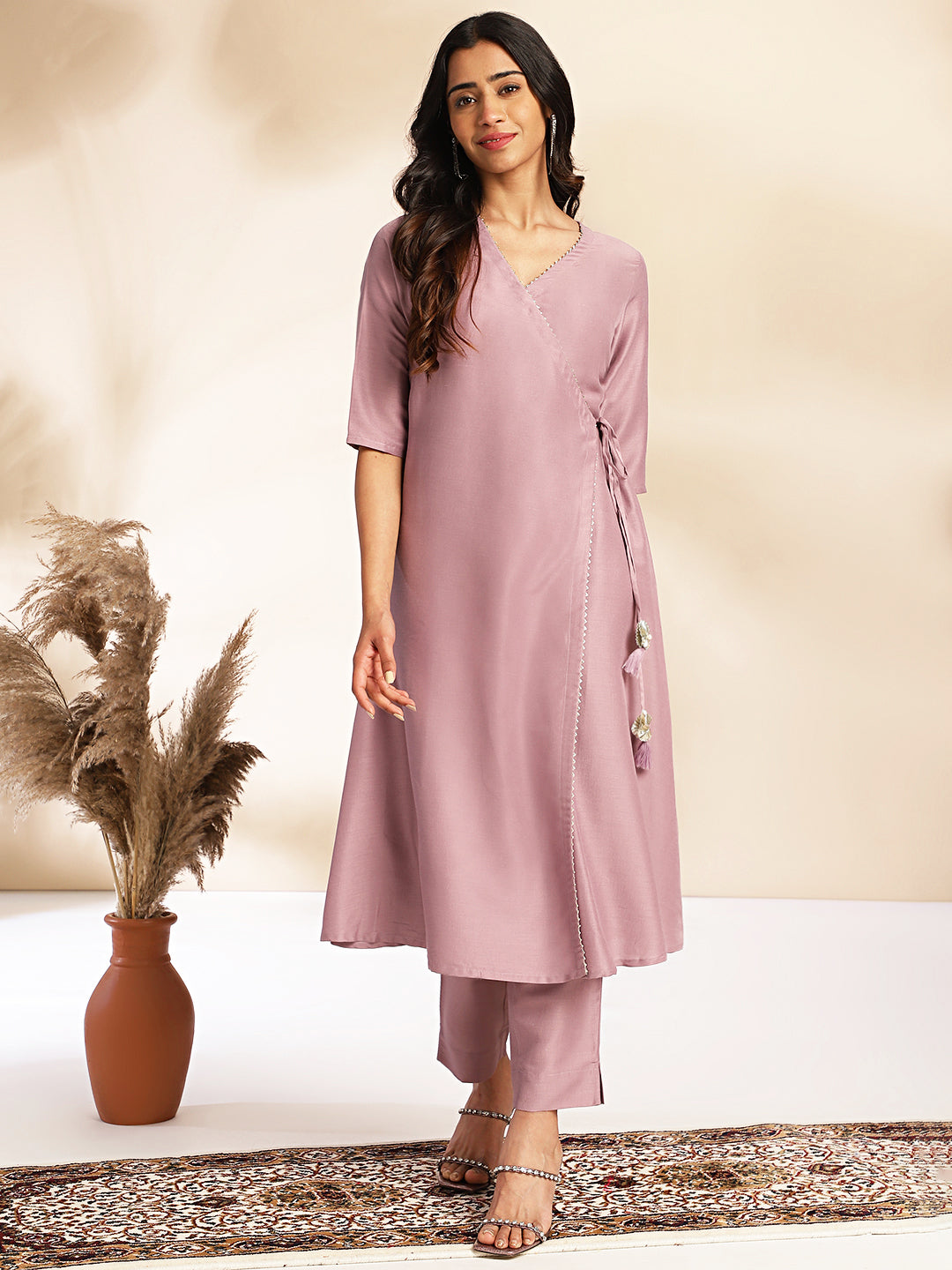 Janasya Lavender Chinnon Solid Wrap Kurta Set - Distacart