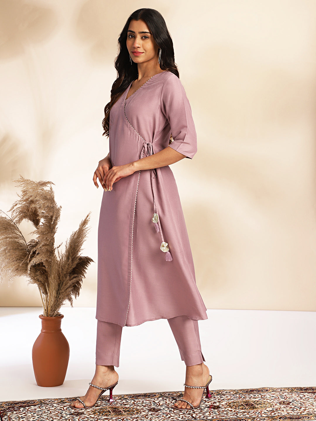 Janasya Lavender Chinnon Solid Wrap Kurta Set - Distacart